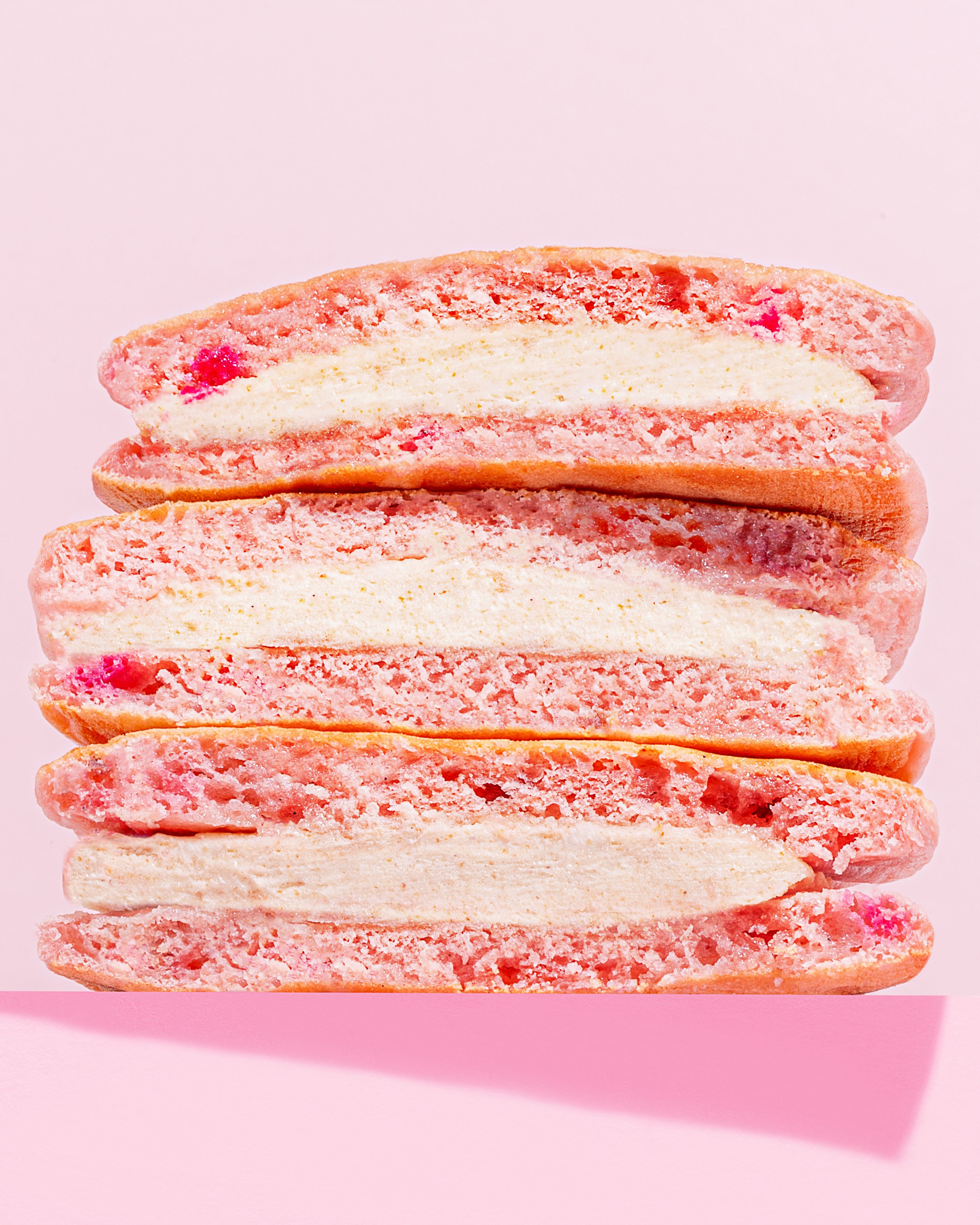 Strawberry & Cream Pancake Sandwiches stacked and looking delicious
